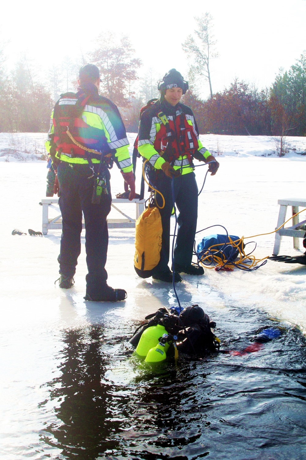 Fort McCoy Fire Department dive team conducts ice rescue training at frozen lake at Fort McCoy