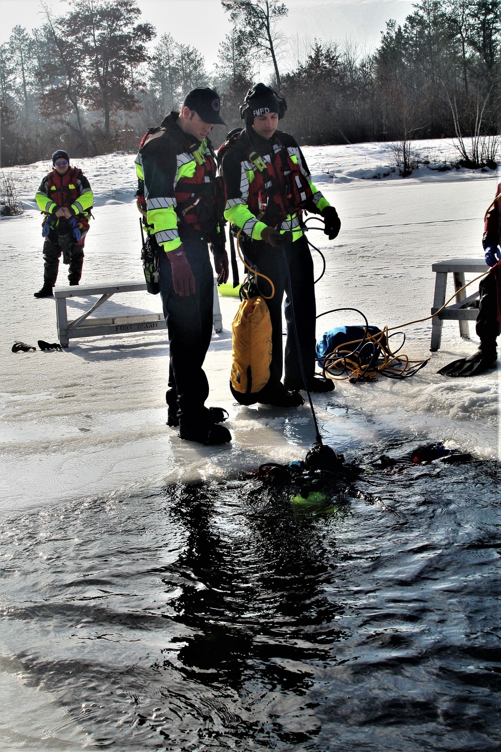 Fort McCoy Fire Department dive team conducts ice rescue training at frozen lake at Fort McCoy