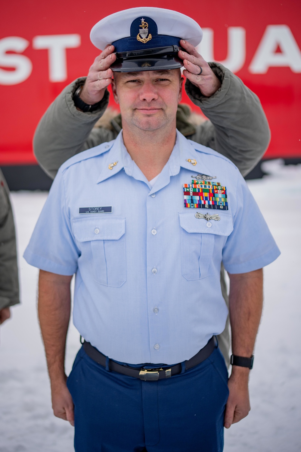 Coast Guard Cutter Polar Star (WAGB 10) conducts an advancement ceremony on the ice in Antarctica