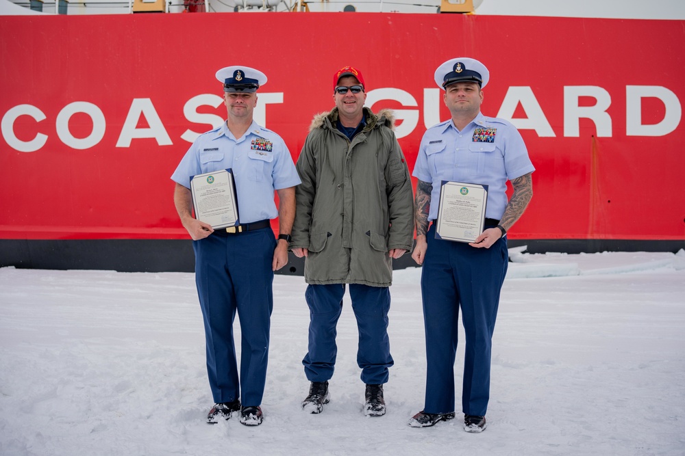 Coast Guard Cutter Polar Star (WAGB 10) conducts an advancement ceremony on the ice in Antarctica