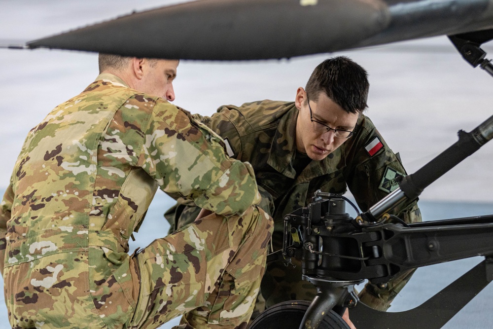 U.S Army Soldier shows Polish Military an AH-64 Apache