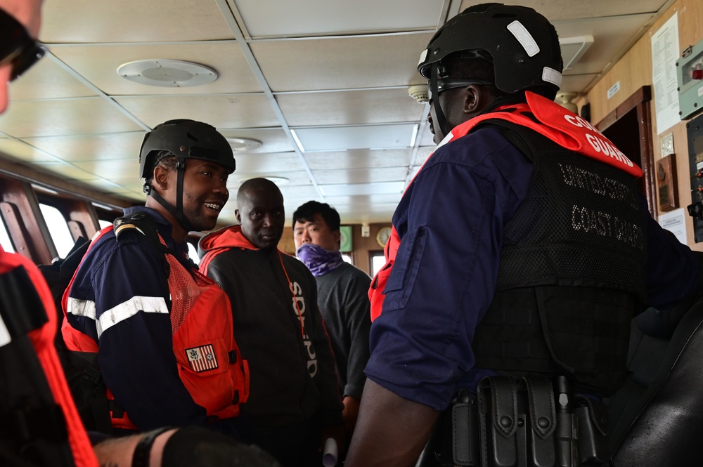 USCGC Spencer (WMEC 905) conducts a boarding with Senegal Navy partner