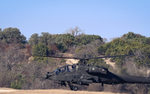 Apache Helicopter Flies over an M1A2 SEP V3