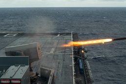 USS America fires a RIM-116 Rolling Airframe Missile during Routine Operations.