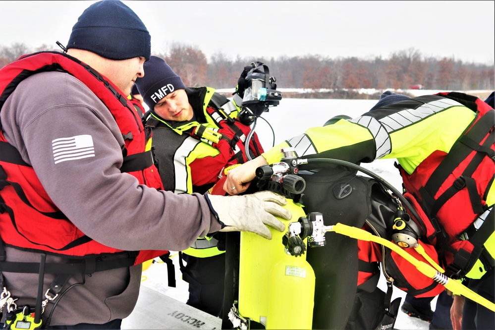 Fort McCoy Fire Department dive team conducts ice rescue training at frozen lake at Fort McCoy