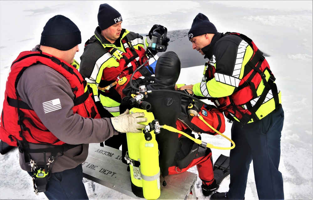 Fort McCoy Fire Department dive team conducts ice rescue training at frozen lake at Fort McCoy