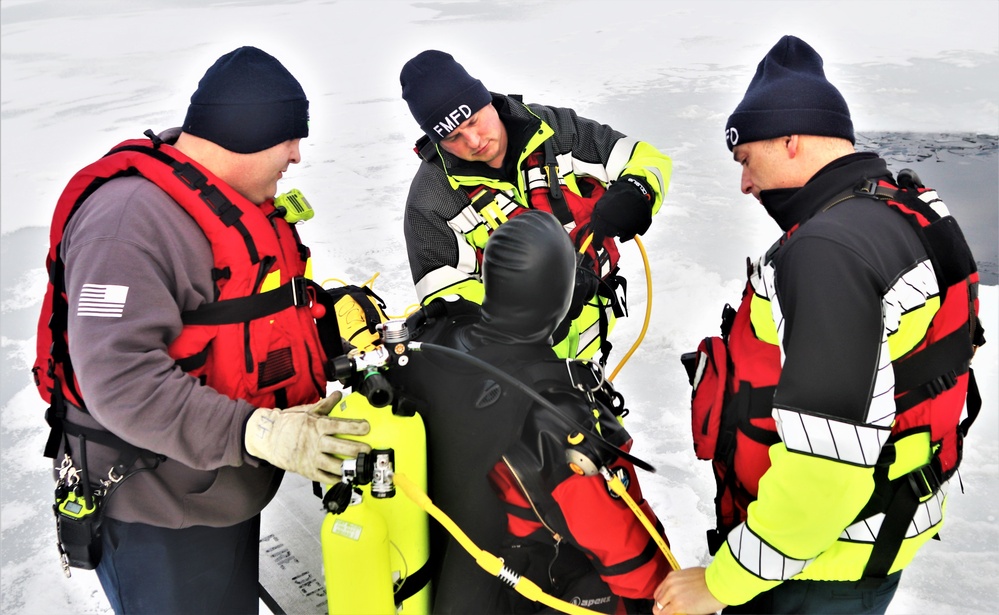 Fort McCoy Fire Department dive team conducts ice rescue training at frozen lake at Fort McCoy