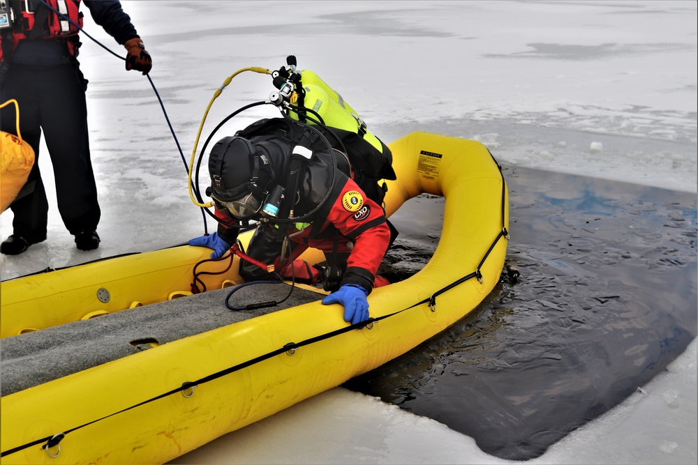 Fort McCoy Fire Department dive team conducts ice rescue training at frozen lake at Fort McCoy