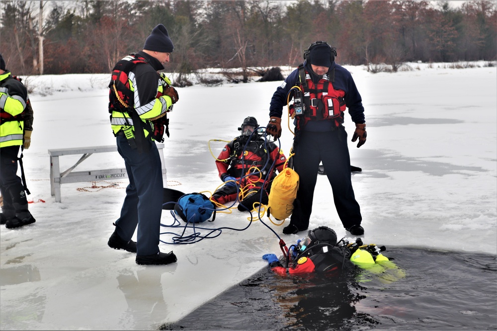 Fort McCoy Fire Department dive team conducts ice rescue training at frozen lake at Fort McCoy