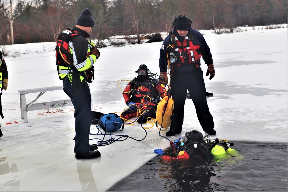 Fort McCoy Fire Department dive team conducts ice rescue training at frozen lake at Fort McCoy