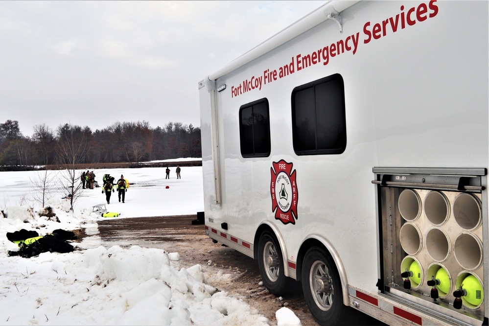 Fort McCoy Fire Department dive team conducts ice rescue training at frozen lake at Fort McCoy