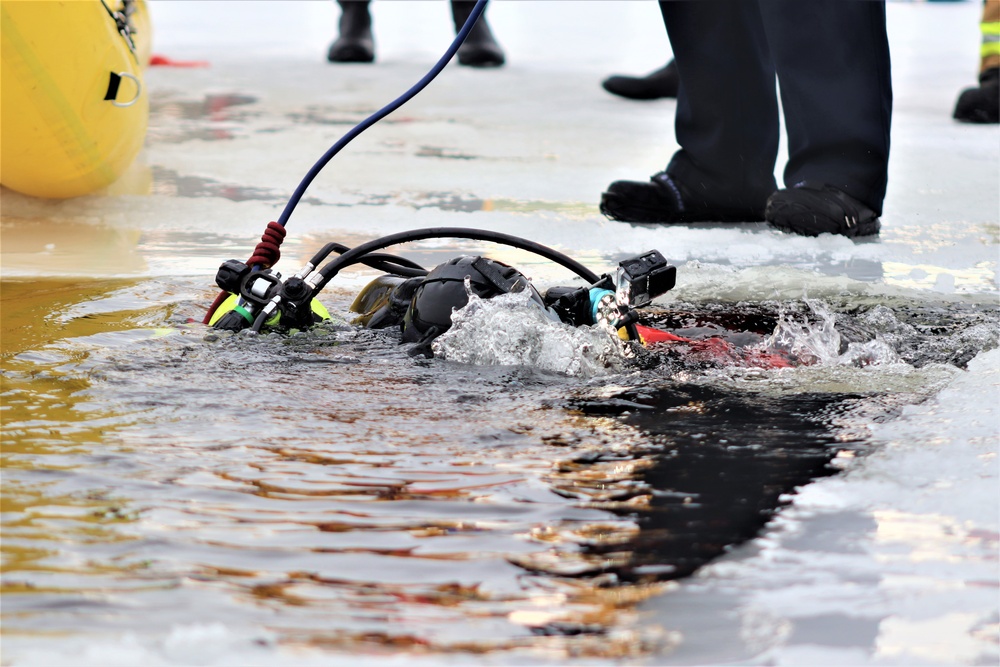 Fort McCoy Fire Department dive team conducts ice rescue training at frozen lake at Fort McCoy