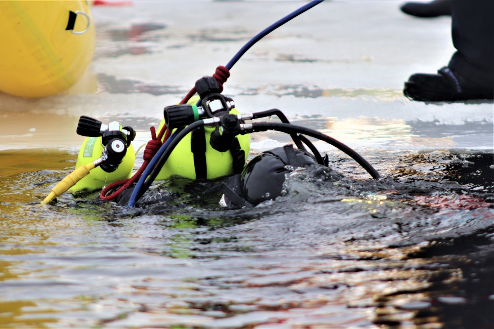 Fort McCoy Fire Department dive team conducts ice rescue training at frozen lake at Fort McCoy