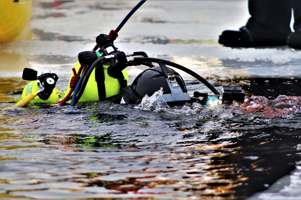 Fort McCoy Fire Department dive team conducts ice rescue training at frozen lake at Fort McCoy