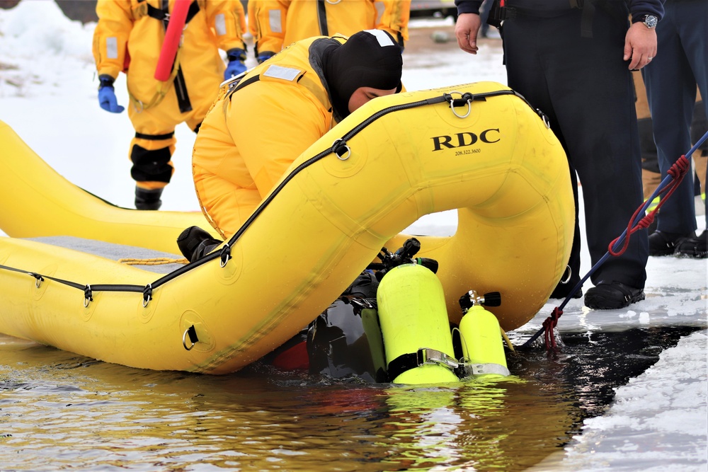 Fort McCoy Fire Department dive team conducts ice rescue training at frozen lake at Fort McCoy