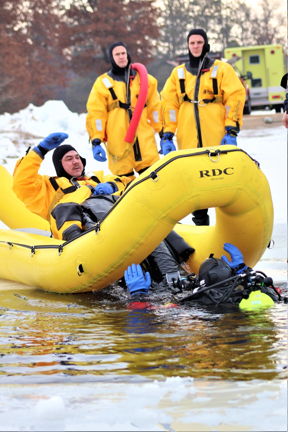 Fort McCoy Fire Department dive team conducts ice rescue training at frozen lake at Fort McCoy