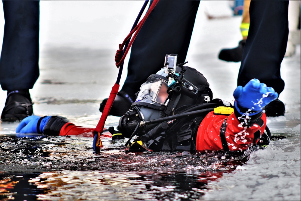 Fort McCoy Fire Department dive team conducts ice rescue training at frozen lake at Fort McCoy