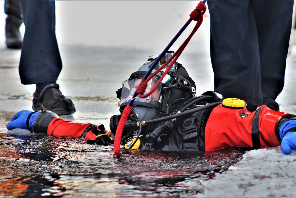 Fort McCoy Fire Department dive team conducts ice rescue training at frozen lake at Fort McCoy