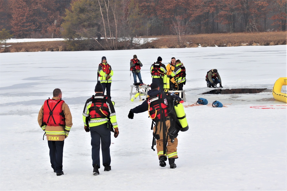 Fort McCoy Fire Department dive team conducts ice rescue training at frozen lake at Fort McCoy