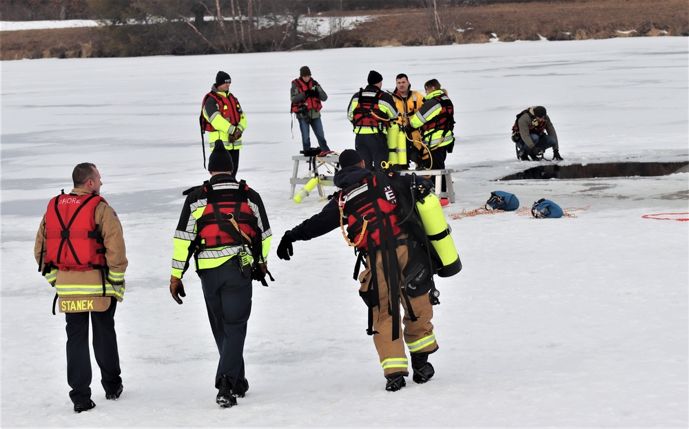 Fort McCoy Fire Department dive team conducts ice rescue training at frozen lake at Fort McCoy