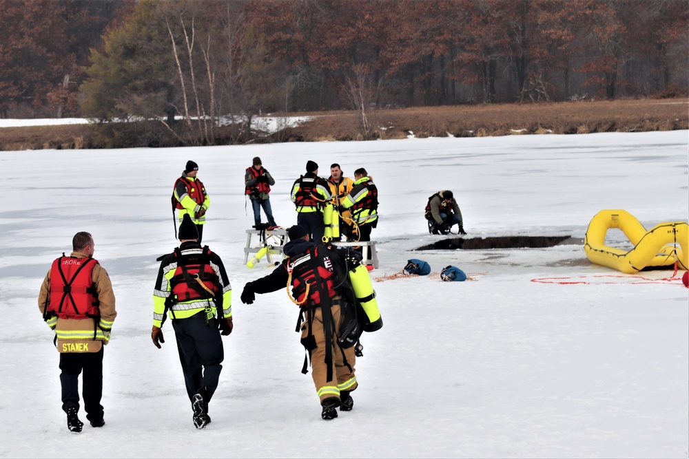 Fort McCoy Fire Department dive team conducts ice rescue training at frozen lake at Fort McCoy