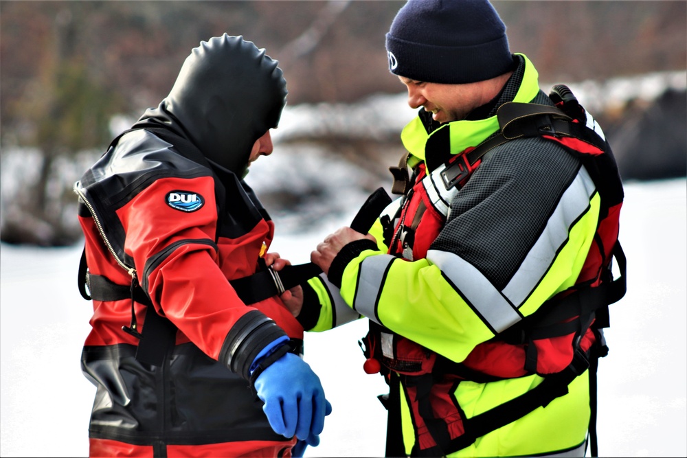 Fort McCoy Fire Department dive team conducts ice rescue training at frozen lake at Fort McCoy