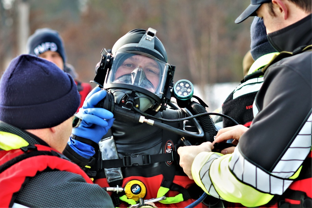 Fort McCoy Fire Department dive team conducts ice rescue training at frozen lake at Fort McCoy