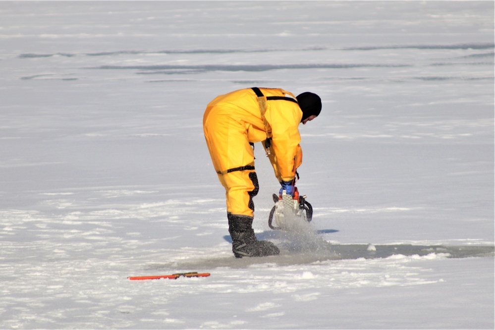 Fort McCoy Fire Department dive team conducts ice rescue training at frozen lake at Fort McCoy