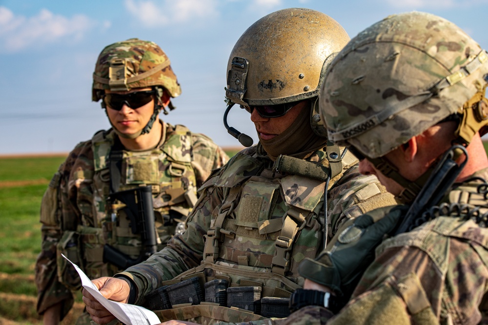 Soldiers assigned to Combined Joint Task Force - Operation Inherent Resolve conduct a joint patrol with Syrian Democratic Forces