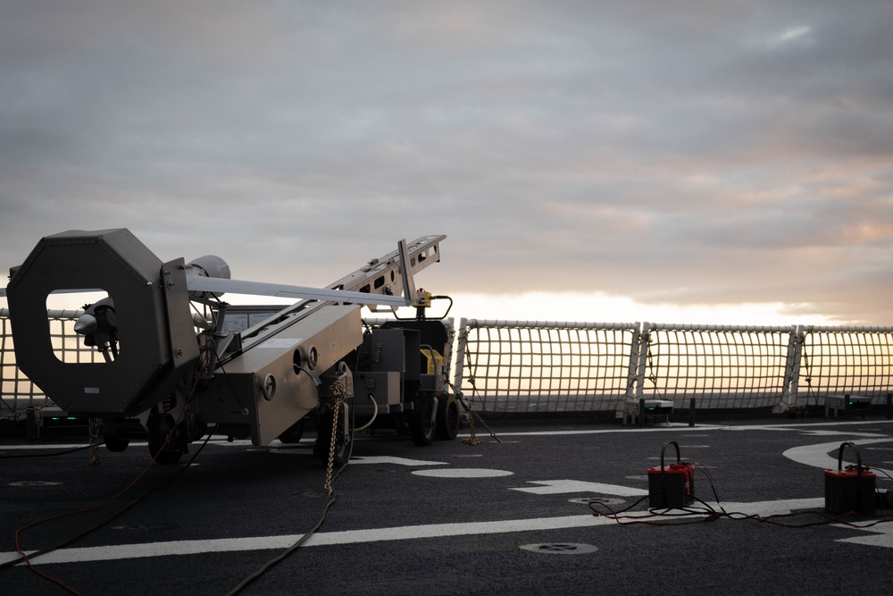 USCGC Stone’s crew conducts an unmanned aerial system launch and recovery