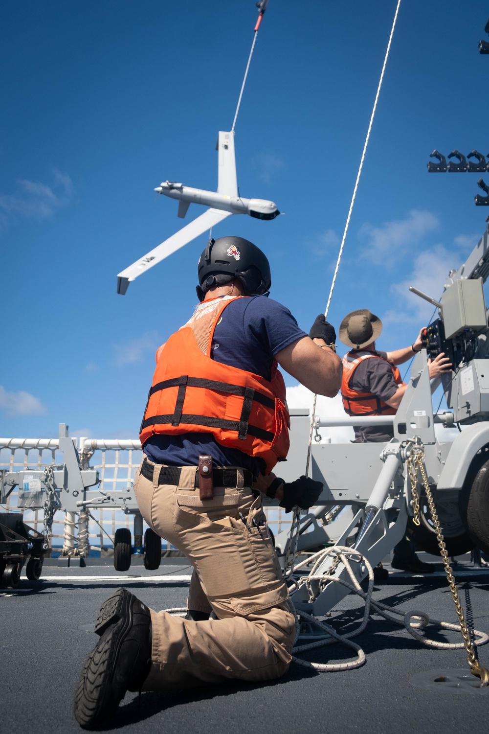 USCGC Stone’s crew conducts an unmanned aerial system launch and recovery