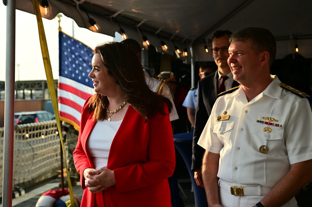 USCGC Spencer (WMEC 905) welcomes Elizabeth Fitzsimmons and Vice Adm. Thomas E. Ishee