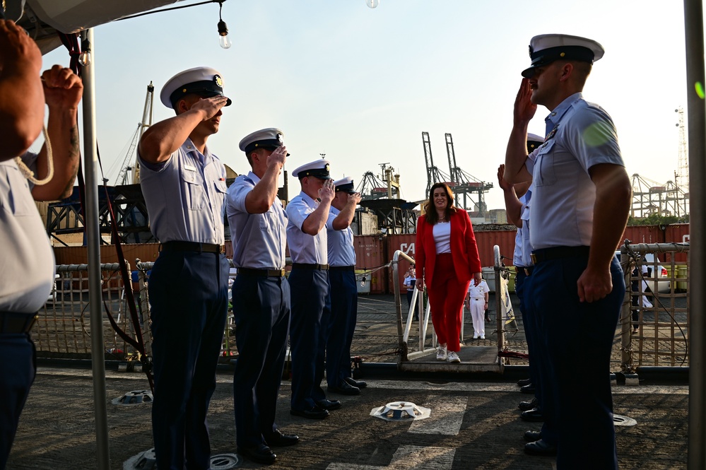 USCGC Spencer (WMEC 905) welcomes Elizabeth Fitzsimmons and Vice Adm. Thomas E. Ishee