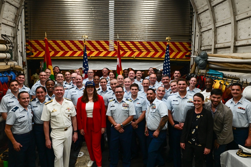 USCGC Spencer (WMEC 905) welcomes Elizabeth Fitzsimmons and Vice Adm. Thomas E. Ishee