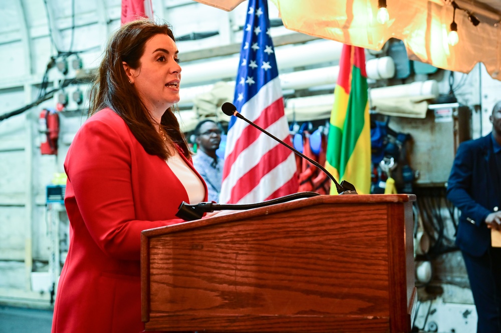 USCGC Spencer (WMEC 905) welcomes Elizabeth Fitzsimmons and Vice Adm. Thomas E. Ishee