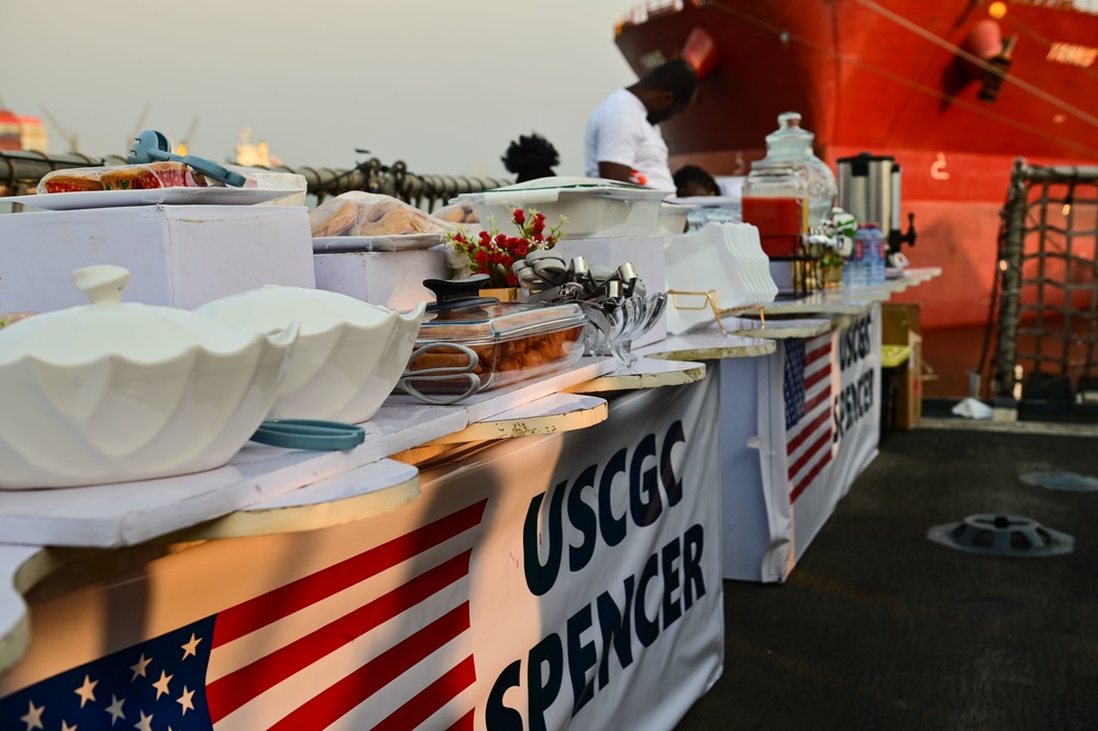 USCGC Spencer (WMEC 905) welcomes Elizabeth Fitzsimmons and Vice Adm. Thomas E. Ishee