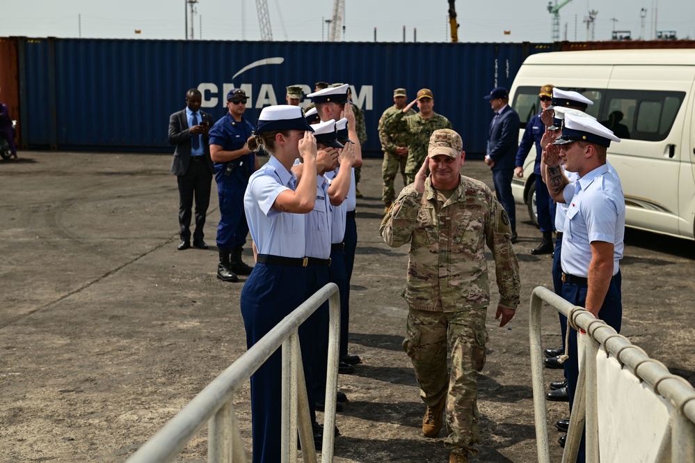 USCGC Spencer (WMEC 905) welcomes Lt. Gen. Kirk Smith, Rear Adm. Calvin Foster and Consulate Gen. Stevens