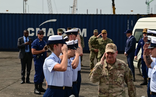 USCGC Spencer (WMEC 905) welcomes Lt. Gen. Kirk Smith, Rear Adm. Calvin Foster and Consulate Gen. Stevens