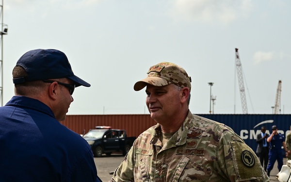 USCGC Spencer (WMEC 905) welcomes Lt. Gen. Kirk Smith, Rear Adm. Calvin Foster and Consulate Gen. Stevens