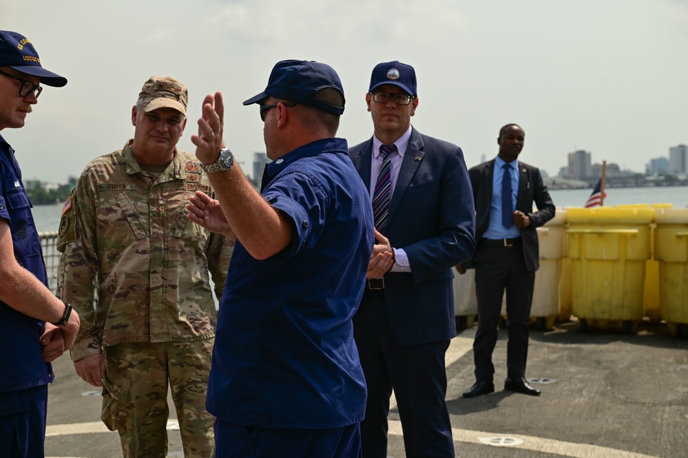 USCGC Spencer (WMEC 905) welcomes Lt. Gen. Kirk Smith, Rear Adm. Calvin Foster and Consulate Gen. Stevens