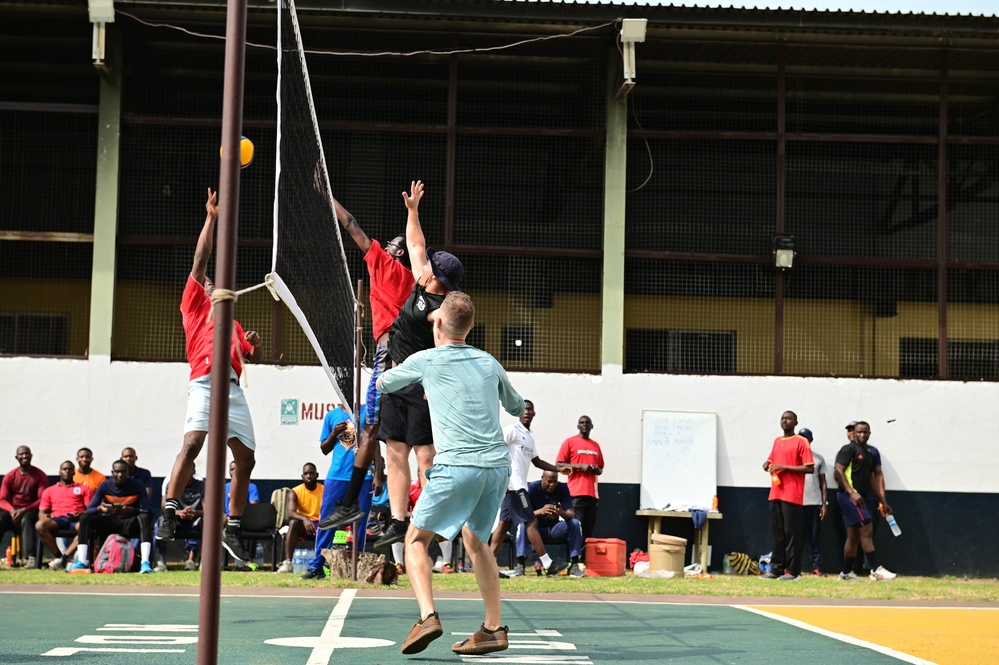 USCGC Spencer (WMEC 905) plays volleyball with members of the Western Naval Command and Naval Dockyard Limited