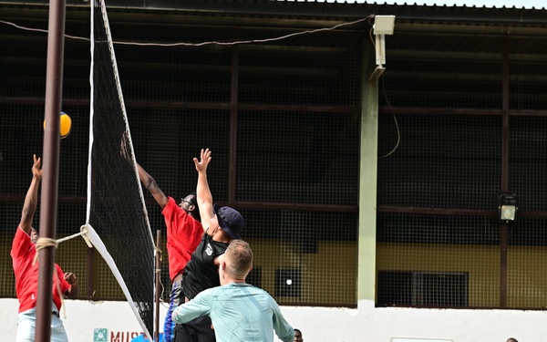 USCGC Spencer (WMEC 905) plays volleyball with members of the Western Naval Command and Naval Dockyard Limited