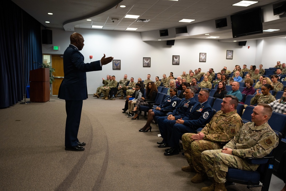 Maj. Gen. Ondra L. Berry speaks to a crowd during Chief Master Sgt. Angela D. Ash's retirement ceremony