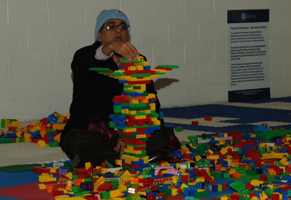 Visitor builds Yoda character with DUPLO blocks