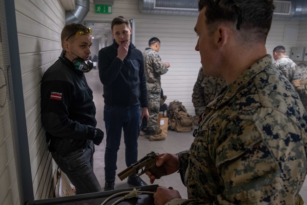 FASTEUR Marines and Latvian Internal Security Bureau Practice Pistol Marksmanship