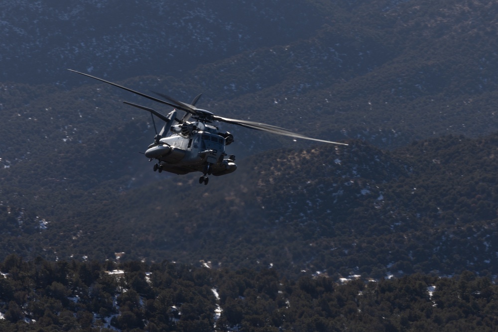 Marines with HMH-464 fly through the Rocky Mountains