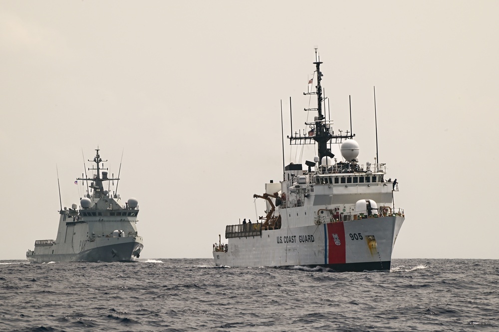 USCGC Spencer (WMEC 905) steams alongside Spanish Navy vessel ESPS Audaz (P-45)