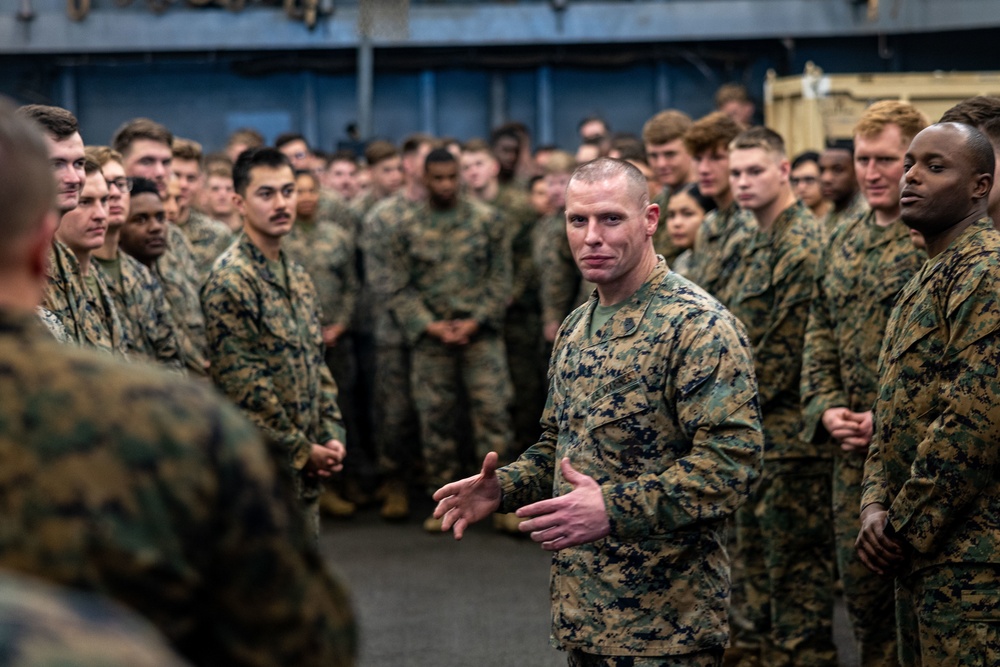 26th MEU Sergeant Major Visits Marines and Sailors aboard the USS Carter Hall during PMINT