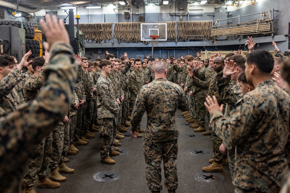 26th MEU Sergeant Major Visits Marines and Sailors aboard the USS Carter Hall during PMINT