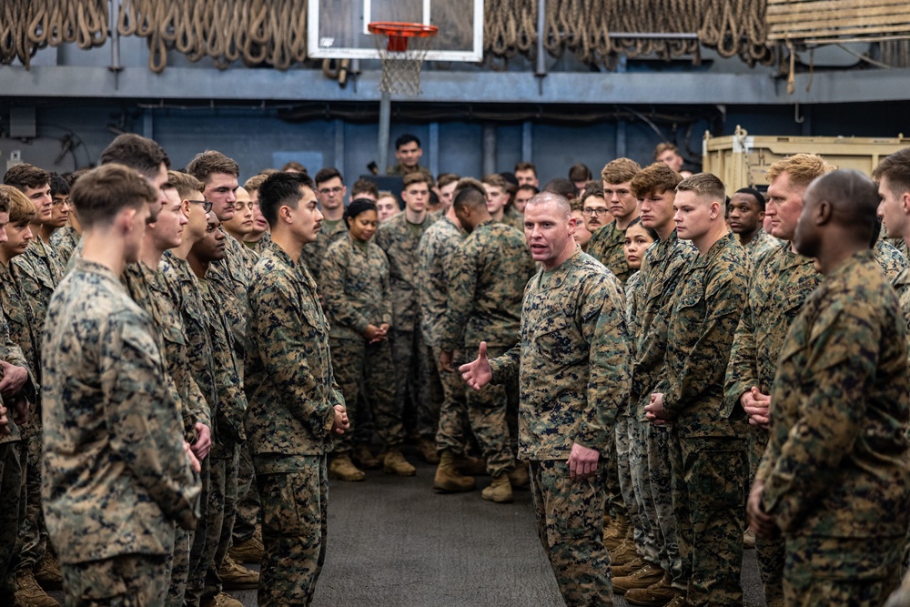 26th MEU Sergeant Major Visits Marines and Sailors aboard the USS Carter Hall during PMINT